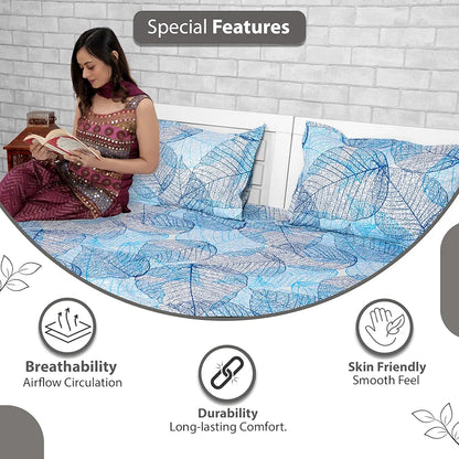 Divine Casa 144 TC Cotton Double Bedsheet with 2 Pillow Covers Colour Light Blue Floral Print Soft & Breathable