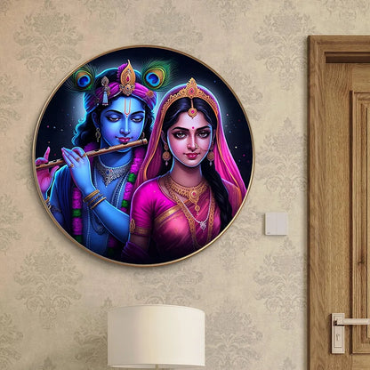 Livin'luxe Paintings Radha Krishna Divine Love Wall Painting with Frame - Sparkle Glossy Round Golden Framed Large GRM-204
