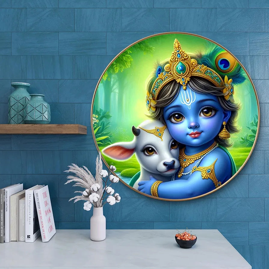 Livin'luxe Paintings Little Krishna with Calf Wall Painting with Frame - Sparkle Glossy Round Golden Framed Large