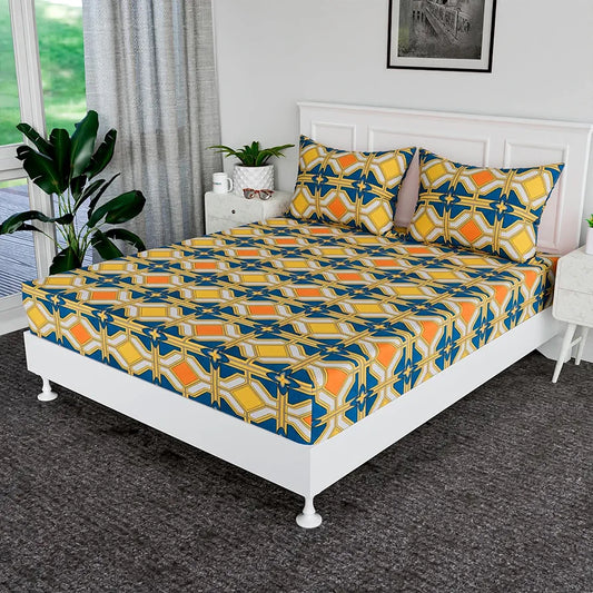 Kuber Industries Double Bedsheet Premium Cotton 120 TC Bedsheet with 2 Pillow Covers for Living Room and Bedroom Green & Orange