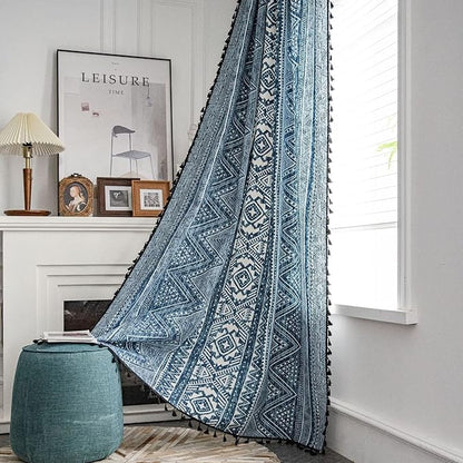 Huesland Cotton Curtains for Windows, 5 Feet Long 1 Bohemian Eyelet Curtain | Tribal Style Blue