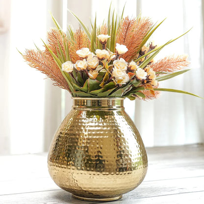 Behoma Matki Shape Metal Flower Vase Hammered Metal Flower Pot Golden Flowers not Included