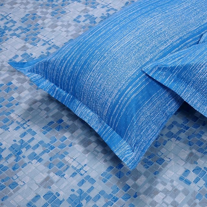 Huesland by Ahmedabad Cotton 144 TC King Size Bedsheet Cotton with 2 Pillow Covers | Grid | Blue, Grey & White