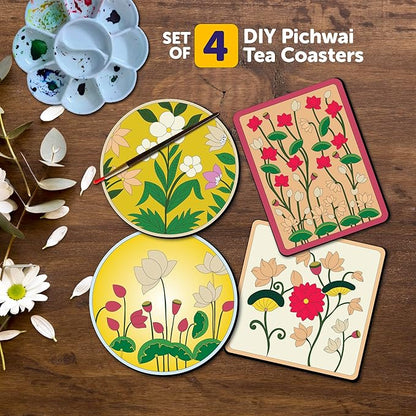 Mini Leaves Colorful Round and Square Pichwai Wooden DIY Tea Coaster Art and Craft Paint Kit | Advanced Level