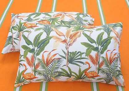 Huesland by Ahmedabad Cotton 144 TC King Size Bedsheet Cotton with 2 Pillow Covers | Stripes & Flamingos Orange & Green
