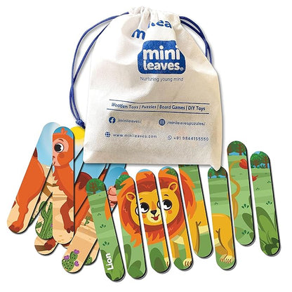 Mini Leaves Animal Theme Strip Wooden Puzzles | Picture Puzzle Strip for 3+ Years Kids | Multicolor 4 Patterns 32 Pieces