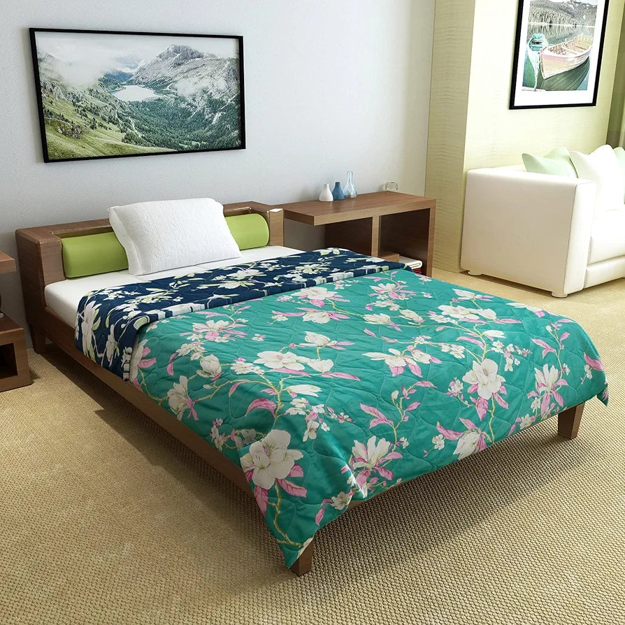 Divine Casa Microfibre 120 GSM Reversible Flower Print Single Bed Size Comforter Blanket TC - 120 Colour Sea Green and Blue