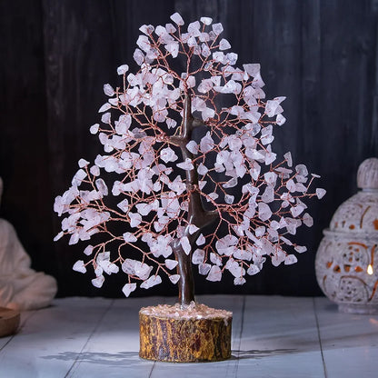 Bezavo Rose Quartz Crystal Feng Shui Tree Silver Wire