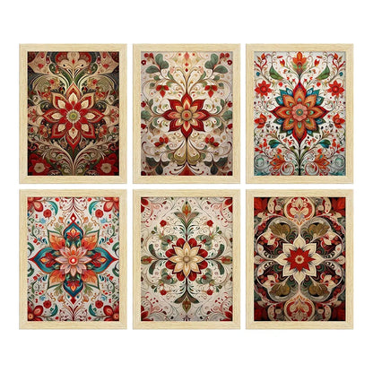 ArtX Paper Floral Patterns Botanical Art Paintings MadhuLeaves-SO6-01 With Frame Multicolor Set of 6