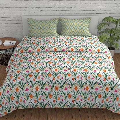 Huesland by Ahmedabad Cotton 144 TC Bedsheet for King Size Bed with 2 Pillow Covers | Botanical Chevron |  Green, Yellow & White