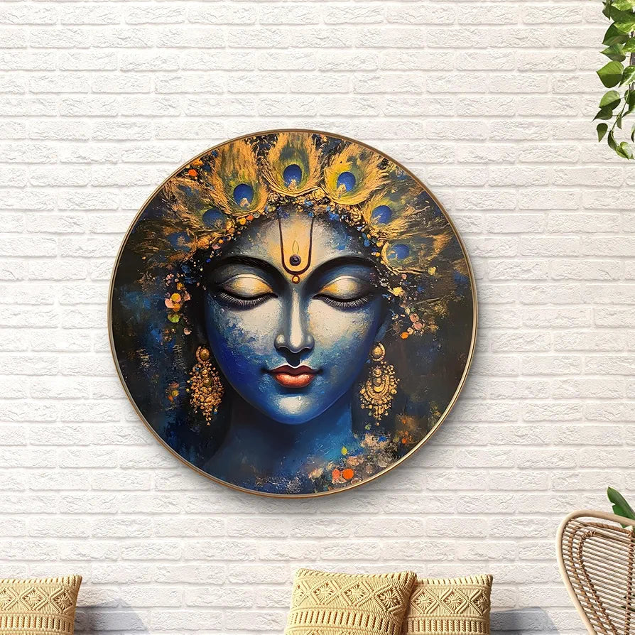 Livin'luxe Paintings Divine Blue Goddess Wall Painting with Frame - Sparkle Glossy Round Golden Framed Large Painting