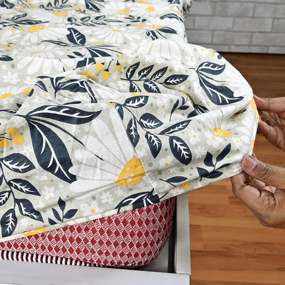 Divine Casa Floret 100% Cotton Double Fitted Bedsheet 144 TC Colour Vintage Daisies