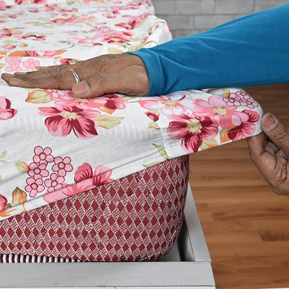 Divine Casa Floret 100% Cotton King Fitted Bedsheet 144 TC Deep Pocket Design Soft & Breathable Fabric Colour Rosy Retreat