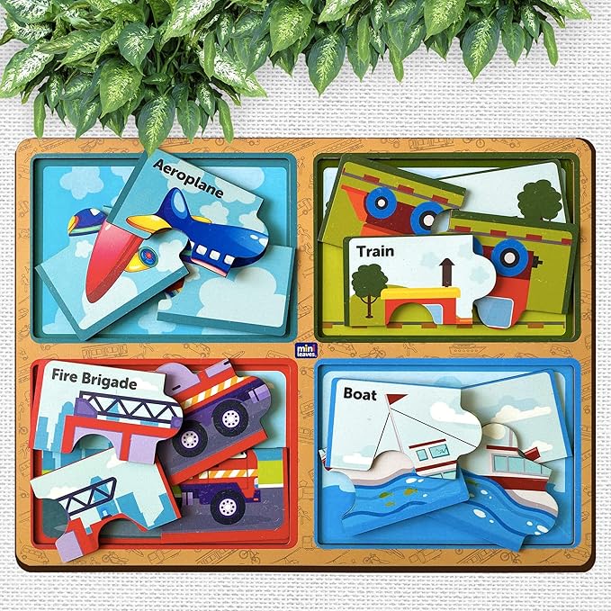 Mini Leaves Four 4 Piece Vehicle Wooden Puzzle for Kids | Set of 4 Chunky Vehicle Jigsaw Puzzle | Educational Puzzle Game