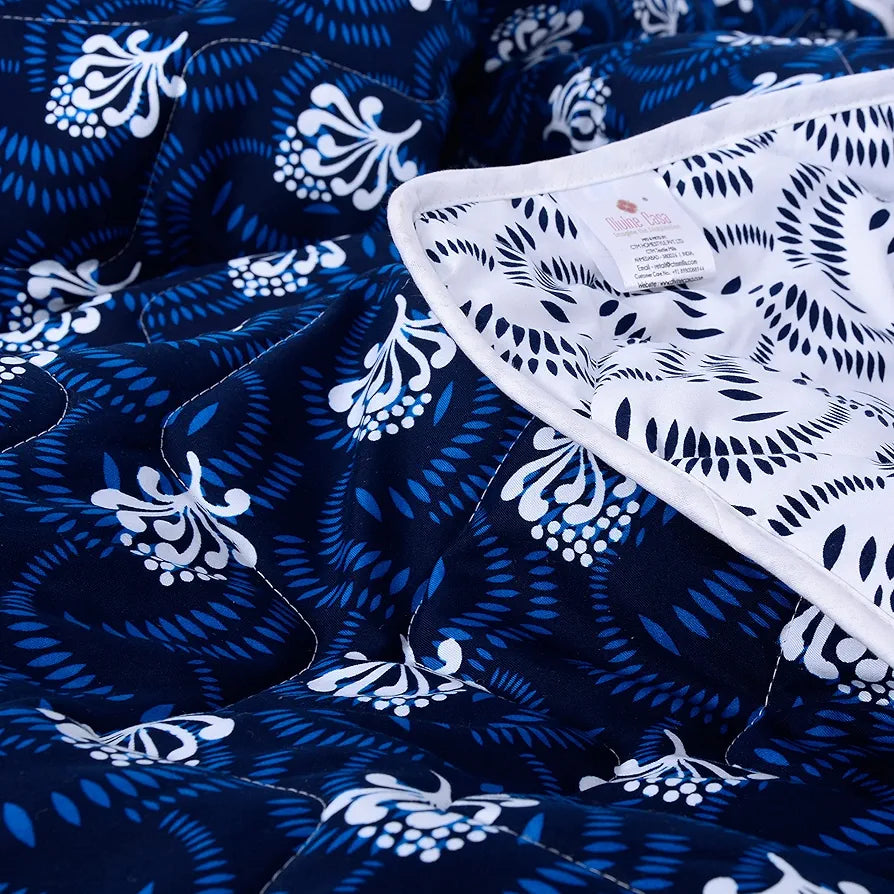 Divine Casa Microfibre Mild Winter Lightweight 120 GSM Printed Reversible Double Bed Size Quilt Comforter Blanket TC - 144 Colour Navy Blue and White