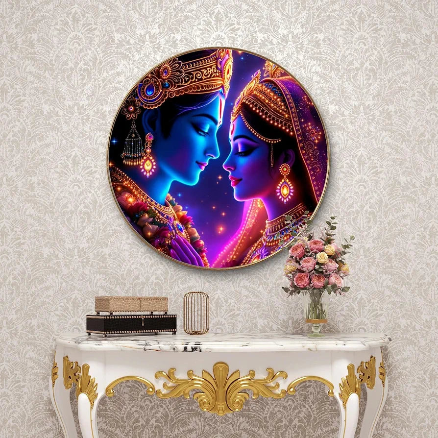 Livin'luxe Paintings Radha Krishna Divine Wall Painting with Frame - Sparkle Glossy Round Golden Framed Large