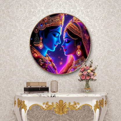 Livin'luxe Paintings Radha Krishna Divine Wall Painting with Frame - Sparkle Glossy Round Golden Framed Large