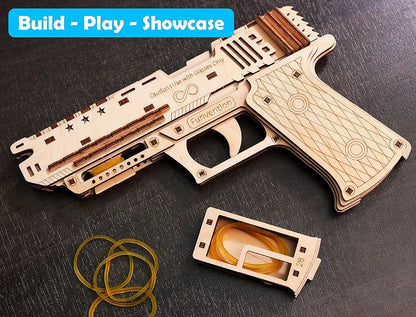 Funvention- for Little Scientist in Every Kid Handgun - Diy Functional Mechanical Model Stem 3D Puzzle Lerning Kit Collectible Building Kit With Rubberband Shooting & Storage,Pack Of 1,Multicolor