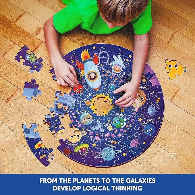 Mini Leaves 60 Piece Wooden Puzzle for Kids & Adults | Round Space Jigsaw Puzzle | Fun & Challenging Wooden Floor Puzzle Game