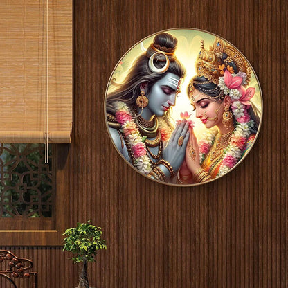 Livin'luxe Paintings Divine Shiva Parvati Wall Painting with Frame - Sparkle Glossy Round Golden Framed Large