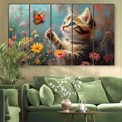 Livin'luxe Cute Kitten Wall Painting Cat & Butterfly Floral Art 5 Panel HD Painting Framed Artwork XL-35433