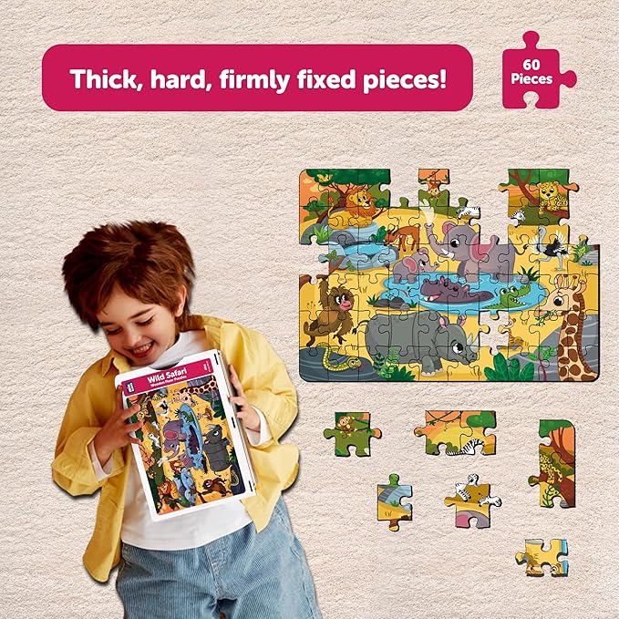 Mini Leaves 60 Pieces Wooden Floor Puzzle for Kids & Adults | Wild Safari Animals Jigsaw Floor Puzzle | Fun & Challenging