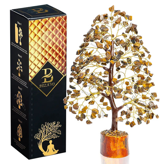 Bezavo Tiger Eye Crystal Tree of Life Golden Wire