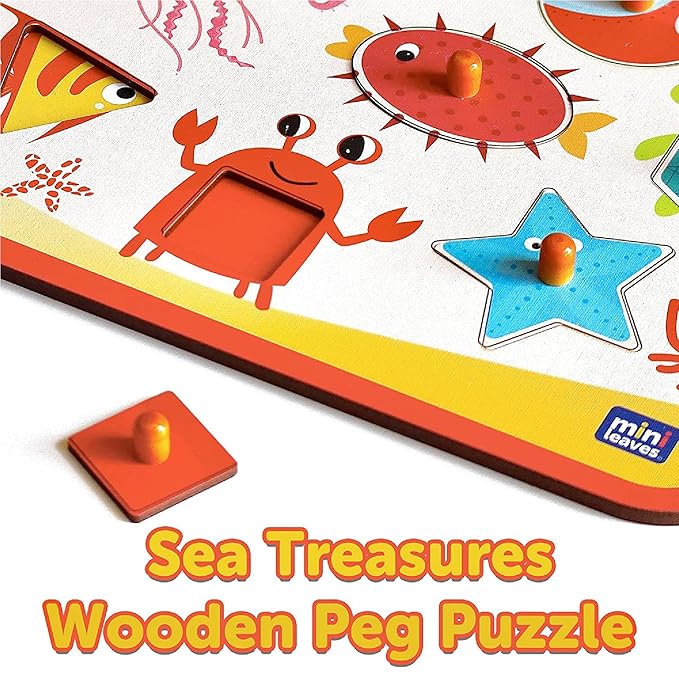 Mini Leaves Sea Treasures Wooden Knob and Peg Puzzle for 2+ Years Kids | Montessori Wooden Toys | Shape Sorter