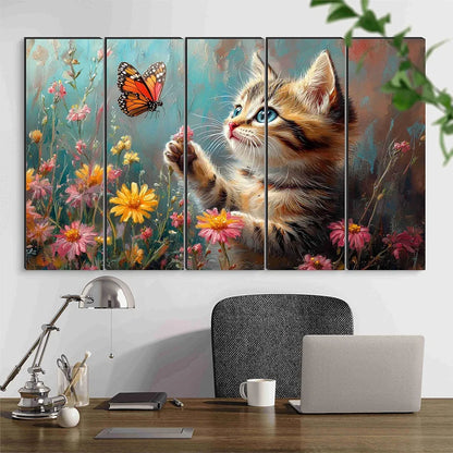 Livin'luxe Cute Kitten Wall Painting Cat & Butterfly Floral Art 5 Panel HD Painting Framed Artwork XL-35433