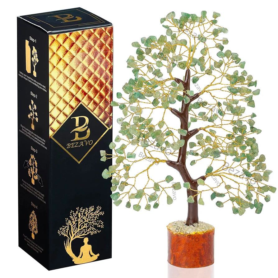 Bezavo Green Jade Crystal Tree Golden Wire