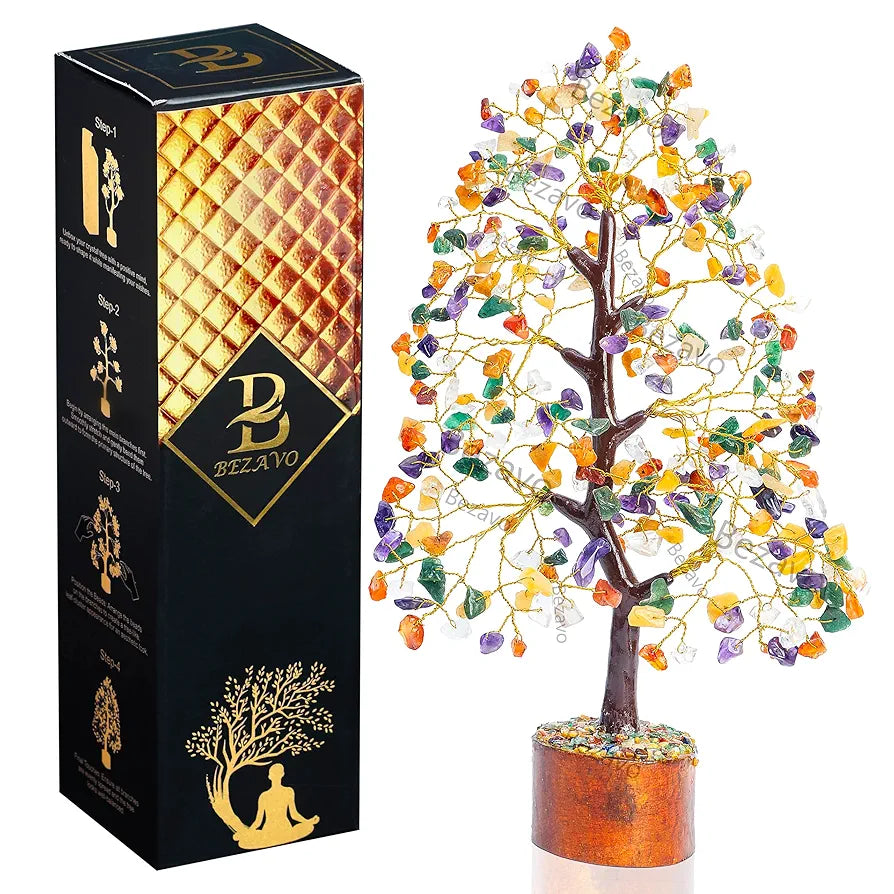 Bezavo Mix Chakra Crystal Tree M seal & Golden Wire