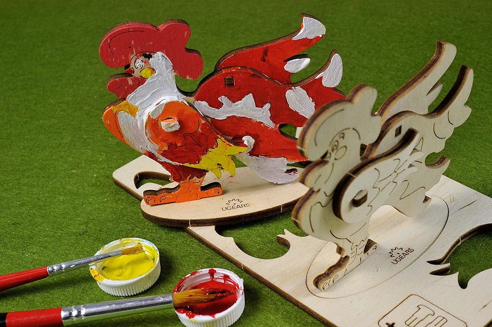 Ugears Cockerel - 3D Wooden Animal Jigsaw Puzzle Games - Kids Coloring kit - STEAM Learning Brain Games Toys & Animal Puzzles for Kids - Building Toys & Building Sets for Kids - DIY Kits for Kids