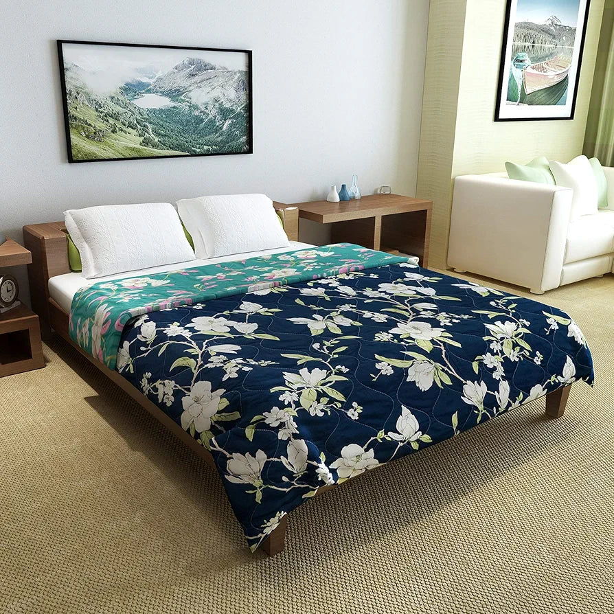 Divine Casa Microfibre 150 GSM Reversible Flower Print Double Bed Size Comforter, Blanket Colour Sea Green and Blue