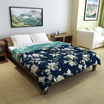 Divine Casa Microfibre 150 GSM Reversible Flower Print Double Bed Size Comforter, Blanket Colour Sea Green and Blue