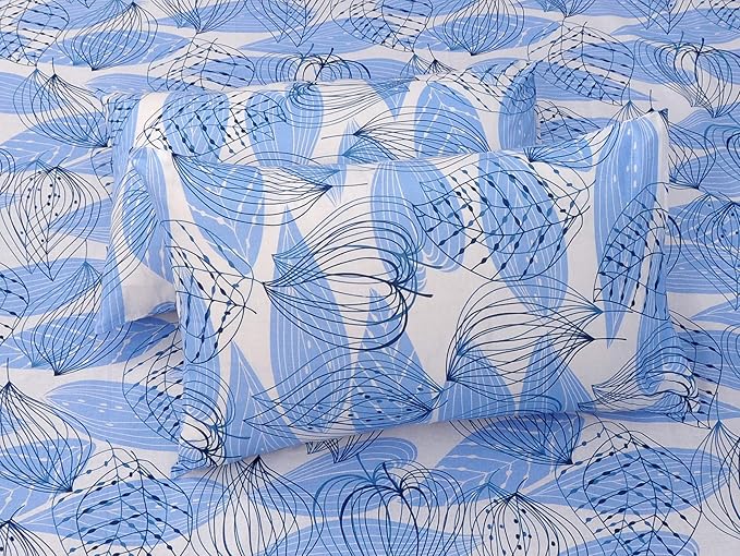 Huesland by Ahmedabad Cotton 144 TC Cotton Bedsheet for Double Bed King Size with 2 Pillow Covers | Blue & White
