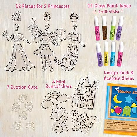 Imagimake Window Art Princess 16 Pieces Glass Painting Set Princess Mermaid Craft Kit