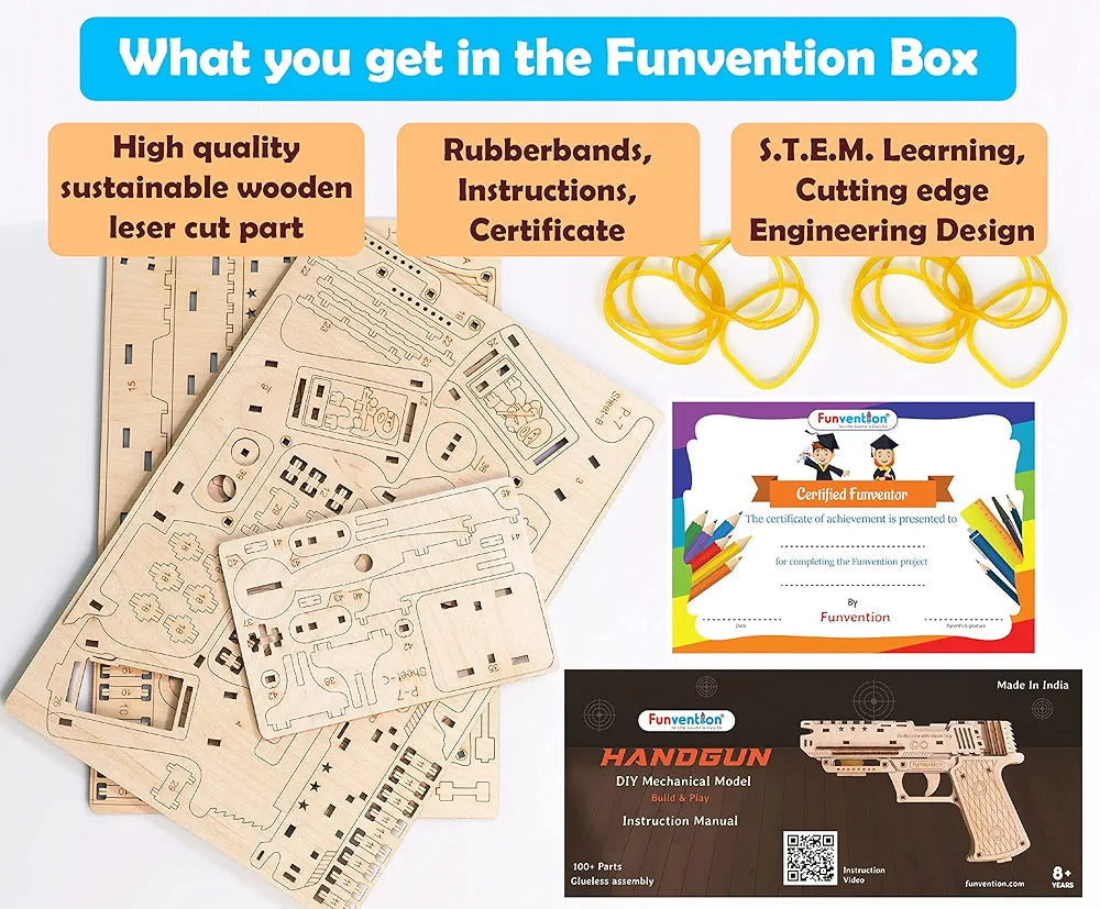 Funvention- for Little Scientist in Every Kid Handgun - Diy Functional Mechanical Model Stem 3D Puzzle Lerning Kit Collectible Building Kit With Rubberband Shooting & Storage,Pack Of 1,Multicolor