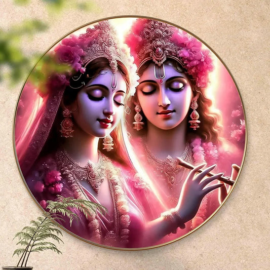 Livin'luxe Paintings Radha Krishna Divine Love Wall Painting with Frame - Sparkle Glossy Round Golden Framed Large GRM-210