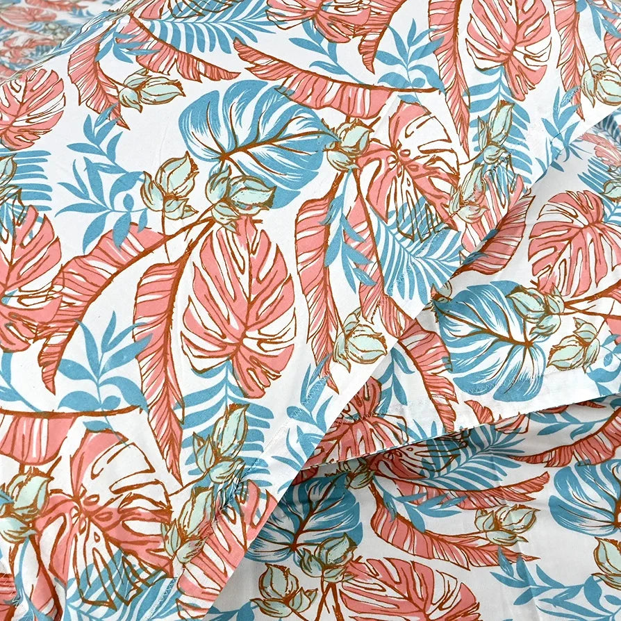 Divine Casa 144 TC Pure Cotton Double Bed Bedsheet with 2 Pillow Covers Floral Breeze Colour Coral Aqua