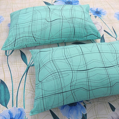 Huesland by Ahmedabad Cotton 144 TC Bedsheet for King Size Bed with 2 Pillow Covers | Tame Teal & Blue