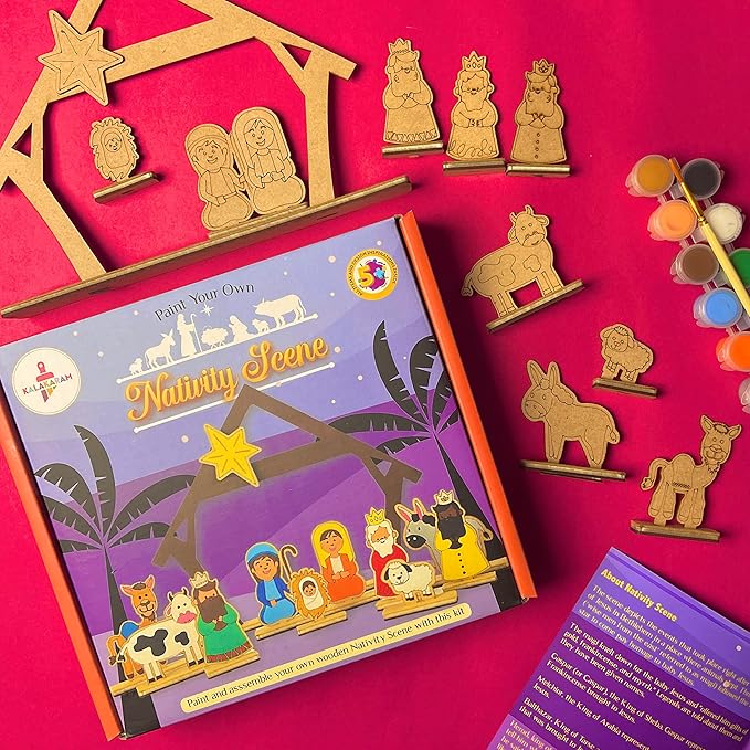 Kalakaram Diy Wooden Nativity Scene Painting Kit, Paint & Assemble Wooden Nativity Scene at Home, Christmas Theme Craft Kit | Activity Kit for Kids