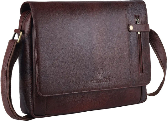 WildHorn Leather Messenger Bag for Men/Office Bag for Men I Padded Laptop Compartment with Adjustable Strap I DIMENSION : L-15 inch W-3 inch H-12 inch