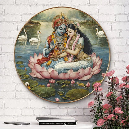 Livin'luxe Paintings Divine Radha Krishna on Lotus Wall Painting with Frame - Sparkle Glossy Round Golden Framed Large Painting