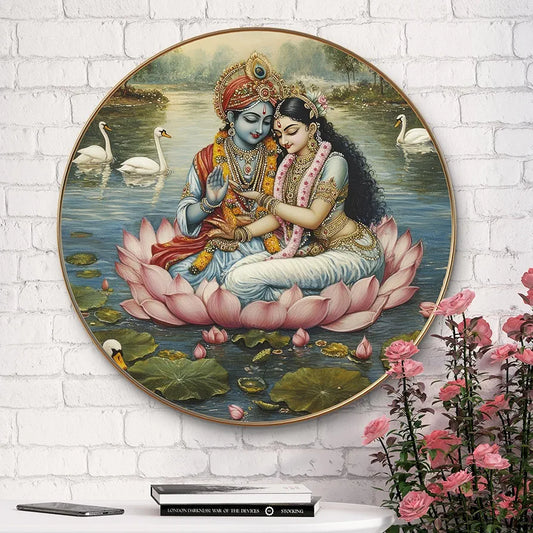 Livin'luxe Paintings Divine Radha Krishna on Lotus Wall Painting with Frame - Sparkle Glossy Round Golden Framed Large Painting
