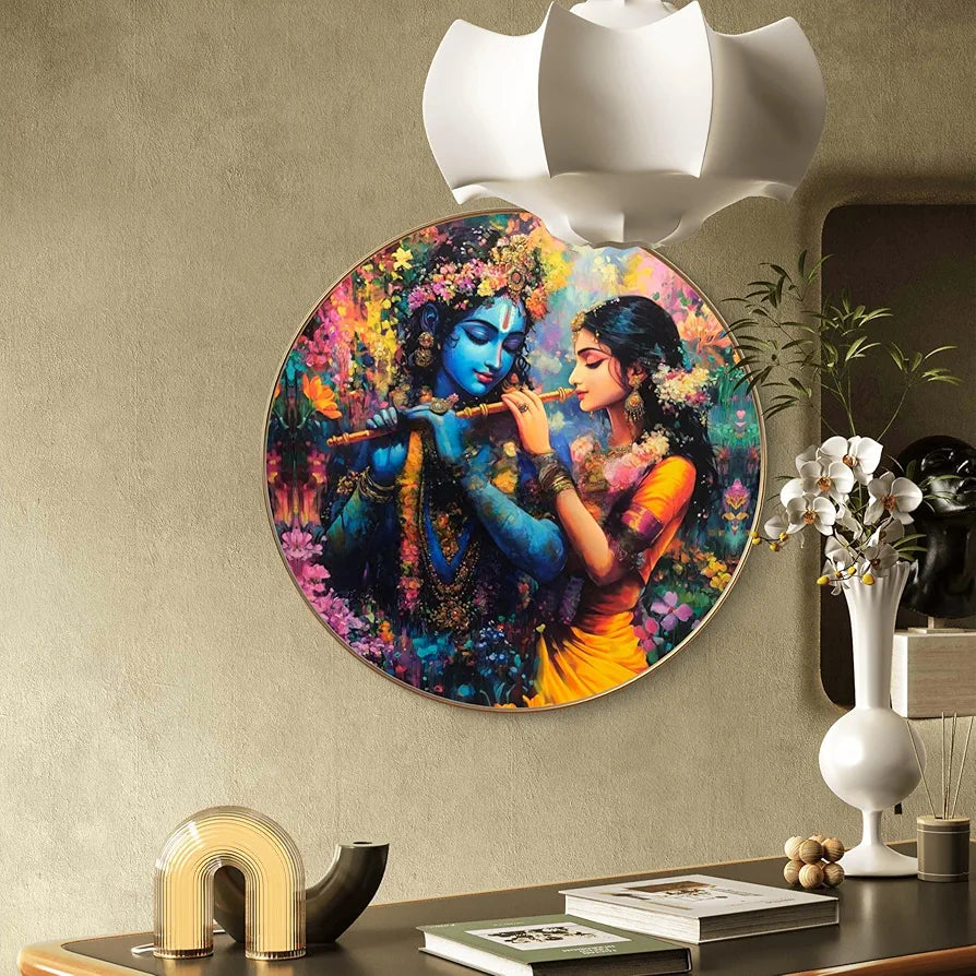 Livin'luxe Paintings Radha Krishna Divine Love Wall Painting with Frame - Sparkle Glossy Round Golden Framed Large