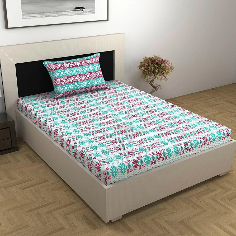 Divine Casa 144 TC Cotton Bedsheet for Single Bed with 1 Pillow Cover Colour Aqua Scarlet
