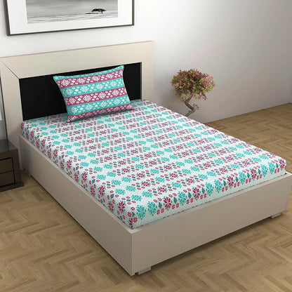 Divine Casa 144 TC Cotton Bedsheet for Single Bed with 1 Pillow Cover Colour Aqua Scarlet