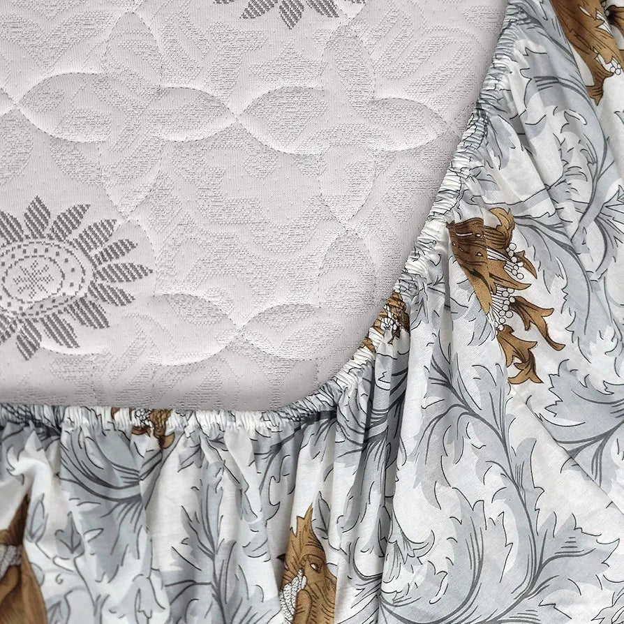 Divine Casa 144 TC Cotton Super Soft Brushed Elastic Fitted Floral Queen Size Double Bed Bedsheet with 2 Pillow Cover Colour Biscuit