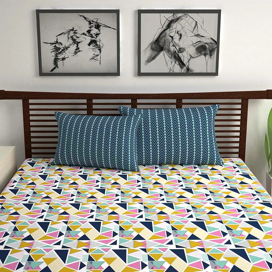 Divine Casa Double Size Bedsheet for Double Bed 144 TC Pure Cotton Queen Size with 2 Pillow Covers Geometric Colour Multicolor