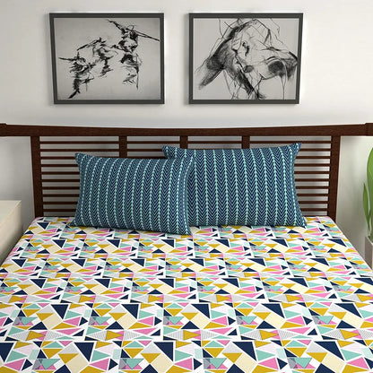 Divine Casa Double Size Bedsheet for Double Bed 144 TC Pure Cotton Queen Size with 2 Pillow Covers Geometric Colour Multicolor